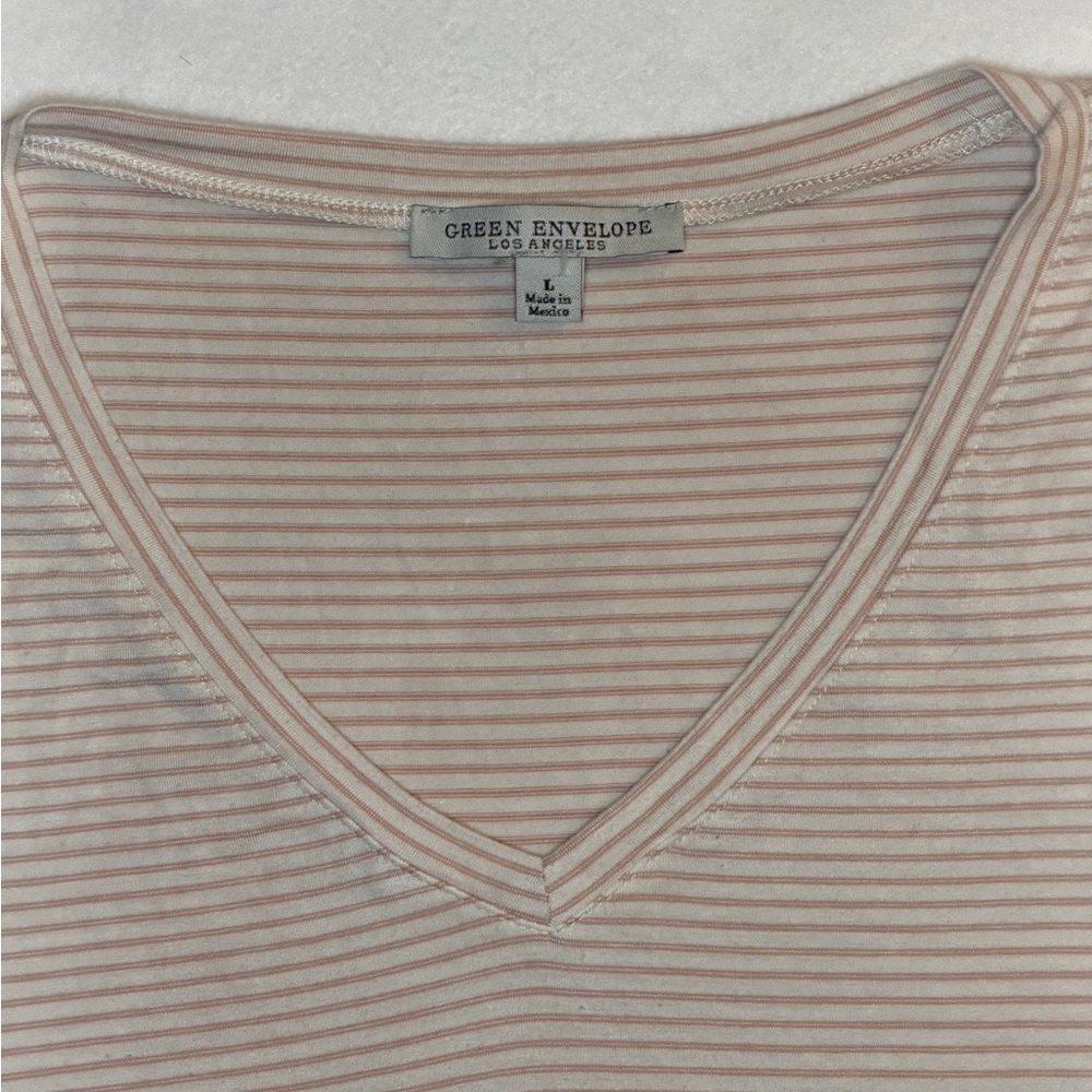 Green Envelope Orange Rust Casual Striped V-Neck Tee- Size Large - Picture 2 of 4